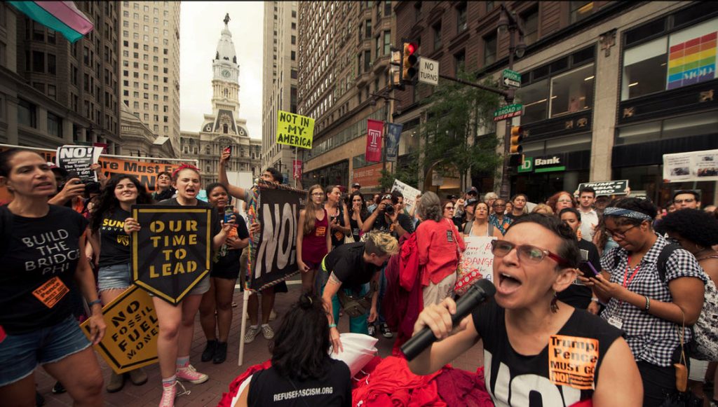 Protesters gathered at Broad Street on the arrival of Vice President Mike Pence at the Union League, in Philadelphia